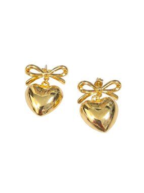 3/$20 NIP | Gold Puffy Heart Bow Statement Drop Earrings High Polish Romantic